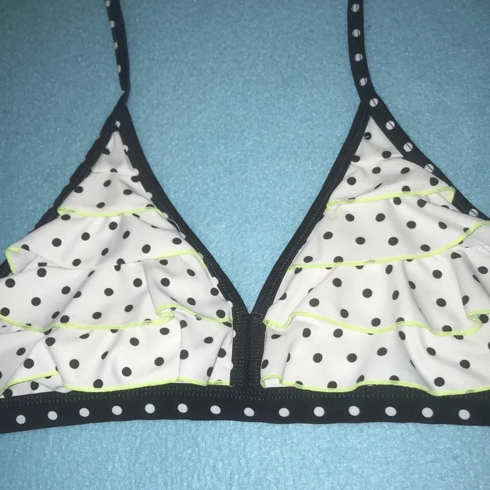 JUSTICE Swim top black  white and neon green polka dots size 14